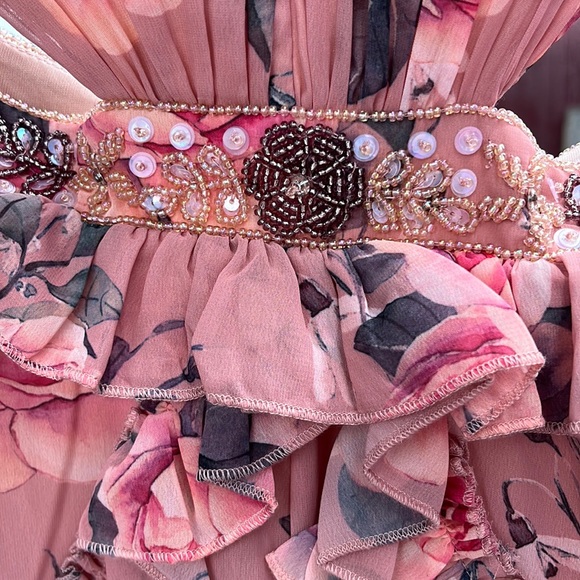 Mac Duggal RUFFLED CUT OUT CAP SLEEVE V NECK GOWN 9152 Rose Multicolor - Picture 7 of 17